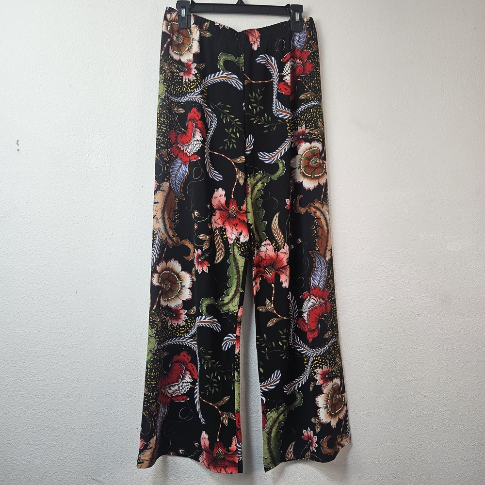 THE PYRAMID COLLECTION Pull On Elastic Waist Floral Pants M Boho Wide Leg